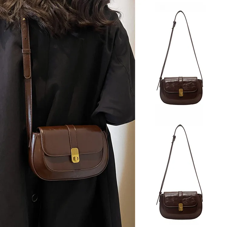 秋季韩系百搭简约时尚小众斜挎包包女2024新款棕色马鞍包单肩包