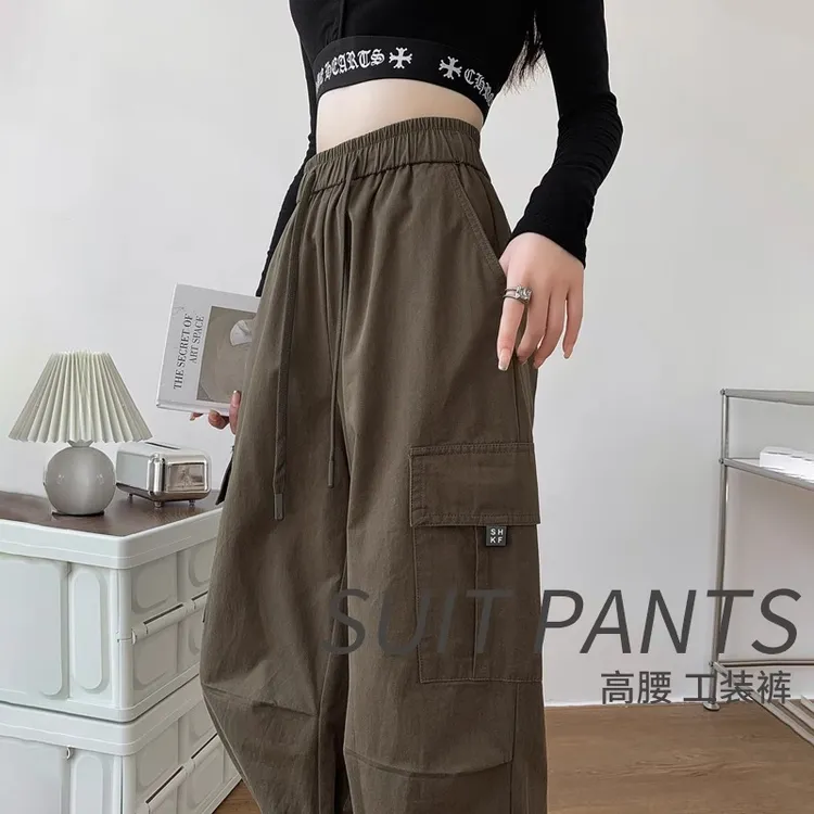 美式咖色全棉工装裤女款秋冬2025新款高腰休闲阔腿直筒束脚运动裤