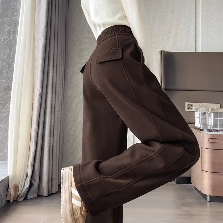 羊毛镰刀裤女2025新款秋冬加厚加绒直筒高腰显瘦咖啡色窄版阔腿裤