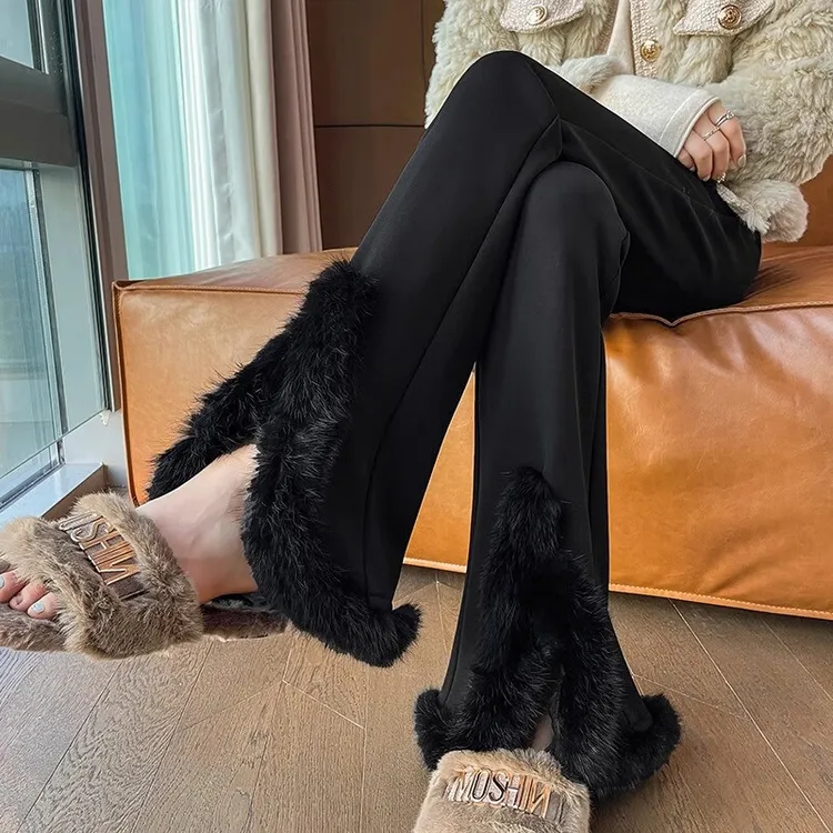 开叉微喇西装裤女秋冬2025新款黑色兔毛加绒休闲窄版阔腿喇叭裤子