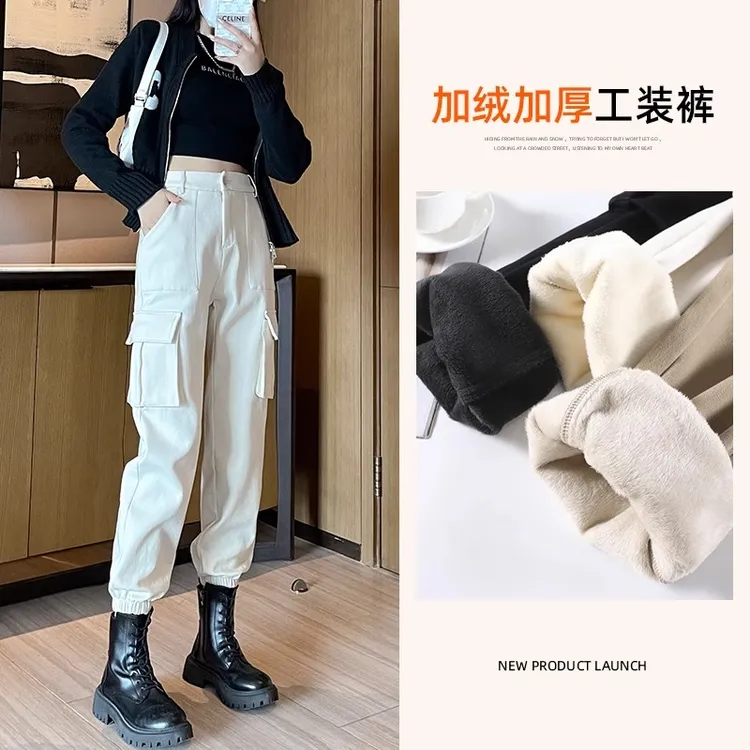 工装裤女秋冬2025新款加绒加厚高腰宽松直筒束脚哈伦萝卜老爹裤子