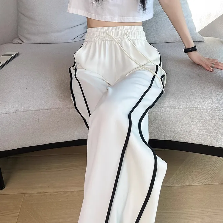 速干冰丝阔腿裤女夏薄款2025新款直筒宽松休闲看球夏季白色运动裤