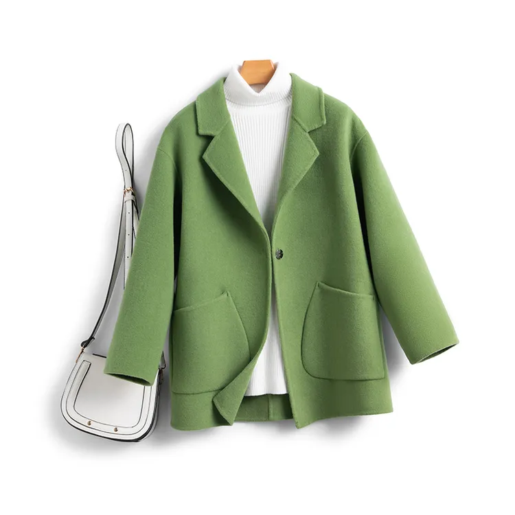 100%绵羊毛宽松微茧型女西装领中款羊毛双面呢大衣气质毛呢外套