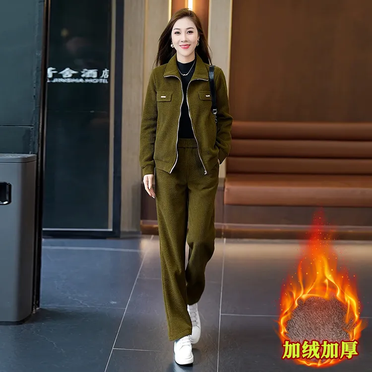 冬季新款加绒加厚保暖外套裤子套装休闲两件套女装修身洋气棉服