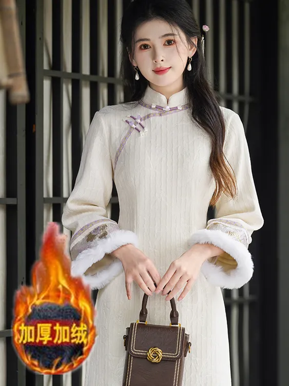 冬季旗袍2024新款改良a字裙年轻少女气质日常加绒中式连衣裙加厚