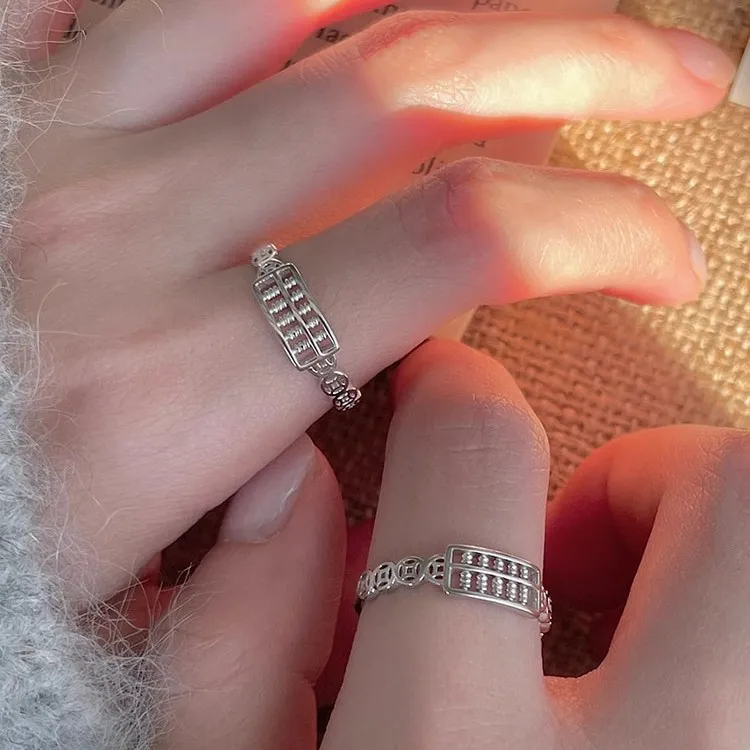 足银戒指 如意算盘戒指女小众个性招财钱币食指戒时尚中国风指环