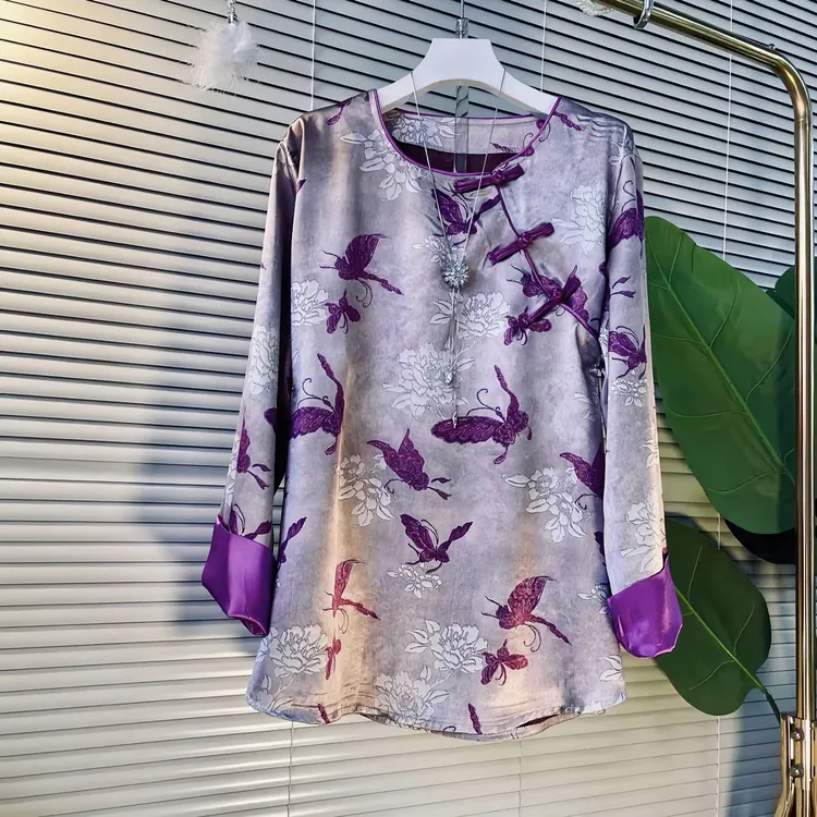 时尚洋气经典新中式设计师款复古盘扣国风印花女装百搭宽松衬衫