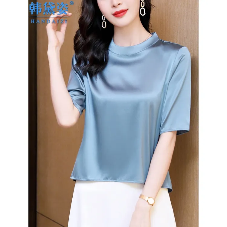 杭州重磅真丝上衣女2025夏装半袖小衫气质桑蚕丝t恤高端显瘦上衣