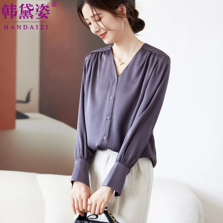 杭州品牌重磅真丝衬衫女2025新款春季桑蚕丝长袖上衣气质V领小衫