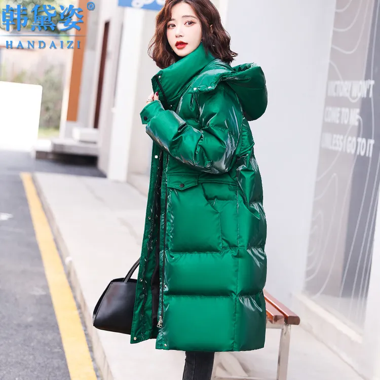 韩版免洗亮面羽绒服女中长款2025冬装新款时尚过膝白鸭绒加厚外套