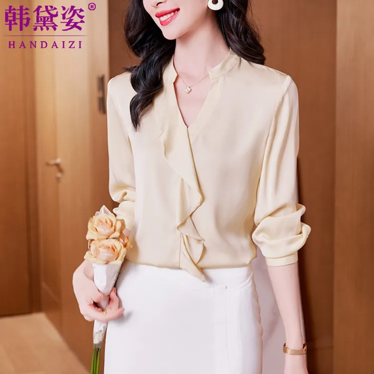 重磅真丝衬衫女长袖2025春装新款时尚V领桑蚕丝上衣纯色显瘦衬衣