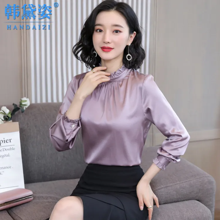 重磅真丝衬衫女缎面2025春装新款立领长袖木耳小众设计桑蚕丝上衣