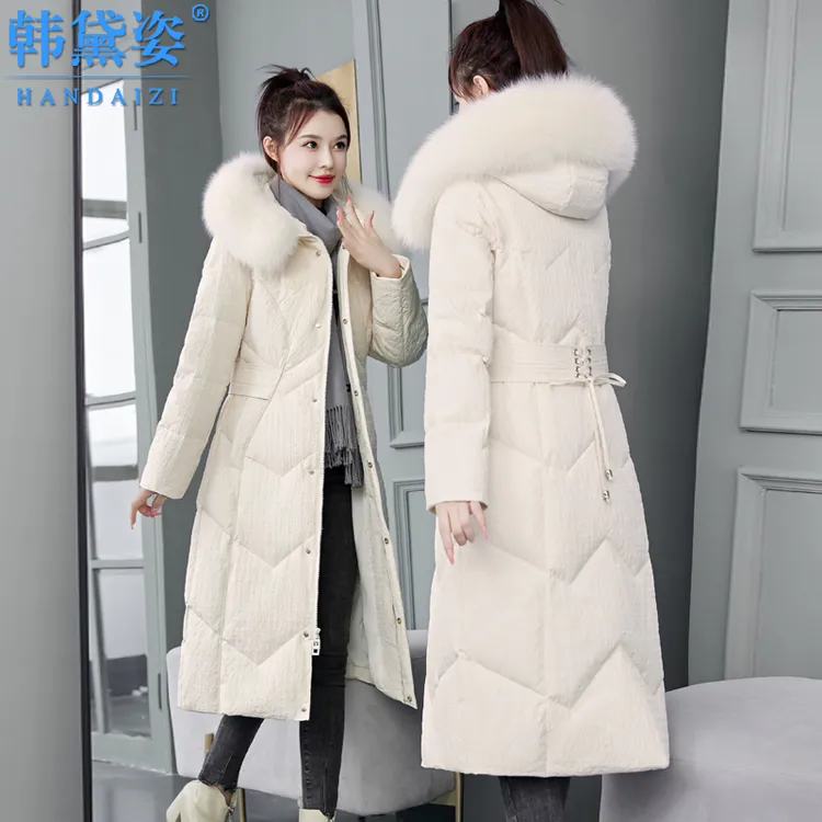 修身显瘦加厚羽绒服女长款2025年冬装新款时尚收腰连帽白鸭绒外套