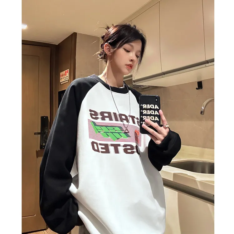 中性风秋装长袖 美式复古插肩袖拼接情侣卫衣印花宽松外套男女