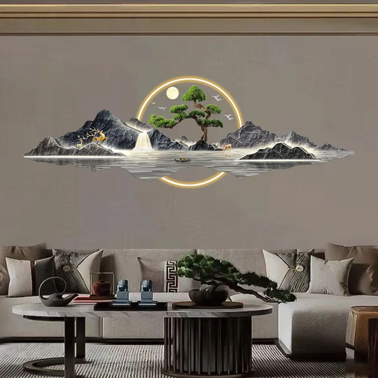 客厅装饰画沙发背景墙挂画迎客松挂件新中式高档大气壁画2024新款