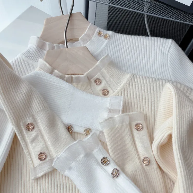 半高领蕾丝毛衣女打底衫2025冬新款加绒加厚长袖上衣内搭针织衫