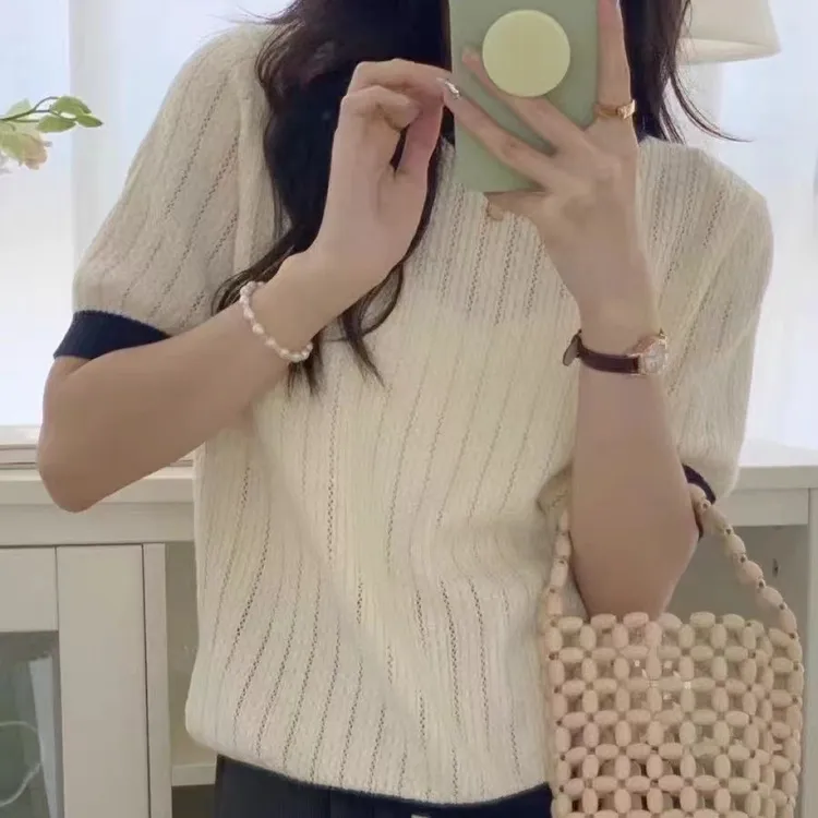 圆领撞色拼接镂空短袖夏季新款毛衣针织衫休闲显瘦百搭上衣外穿女