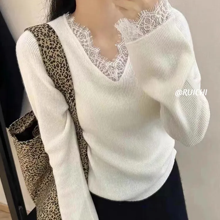韩版通勤蕾丝V领2026新款时尚打底衫针织衫长袖上衣女洋气