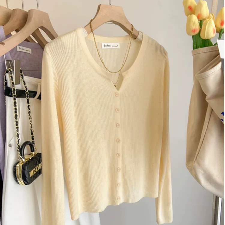 韩系简约~V领纯色薄款针织衫2026新款防晒设计感外搭长袖上衣女