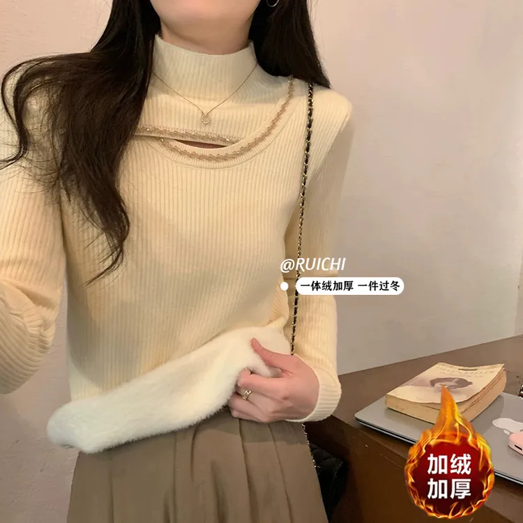 半高领气质镂空2025冬新款加绒加厚保暖针织打底衫内搭毛衣女