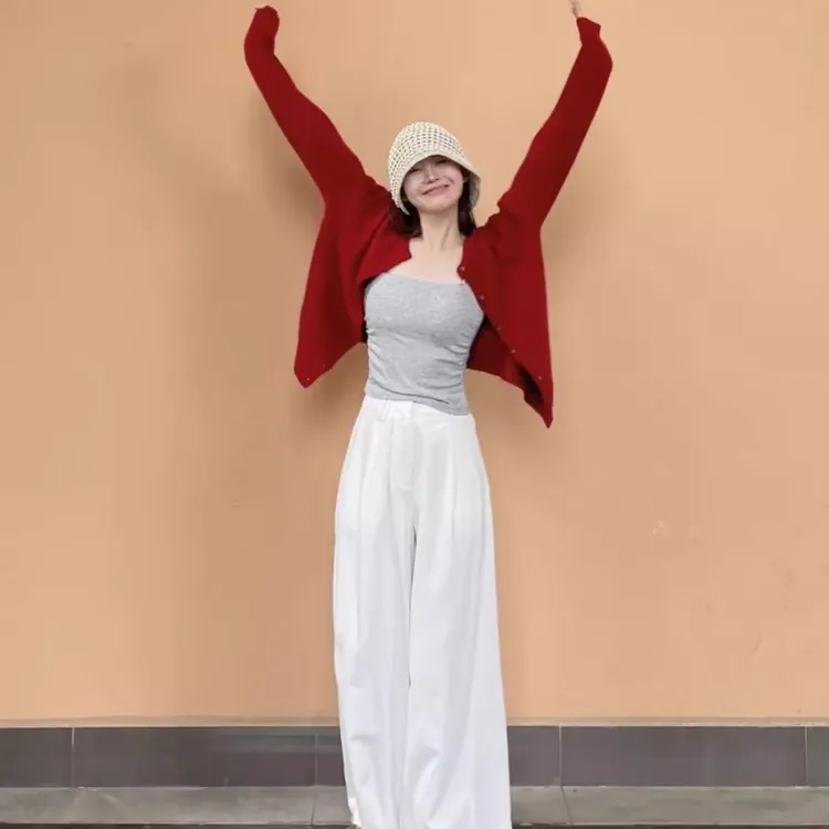 2025秋季新款圆领针织开衫红色薄款高级感时尚长袖外套上衣女