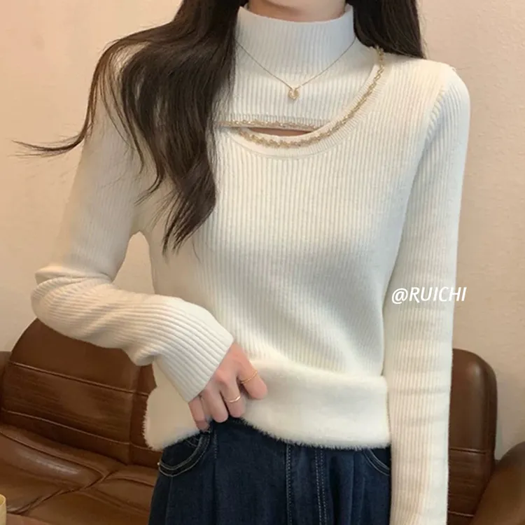 小心机新款加绒加厚保暖针织打底衫半高领2025早秋内搭毛衣女