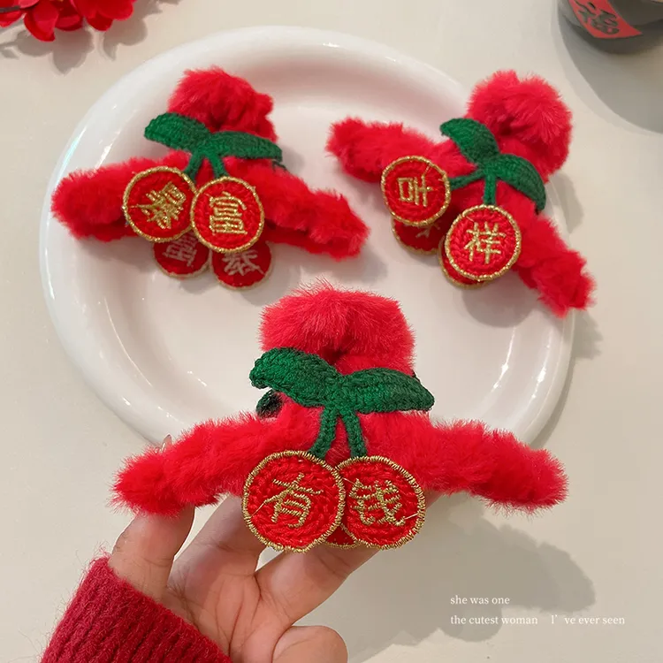 新年红色发饰毛绒发夹女后脑勺头发抓夹盘发鲨鱼夹发卡夹子头饰