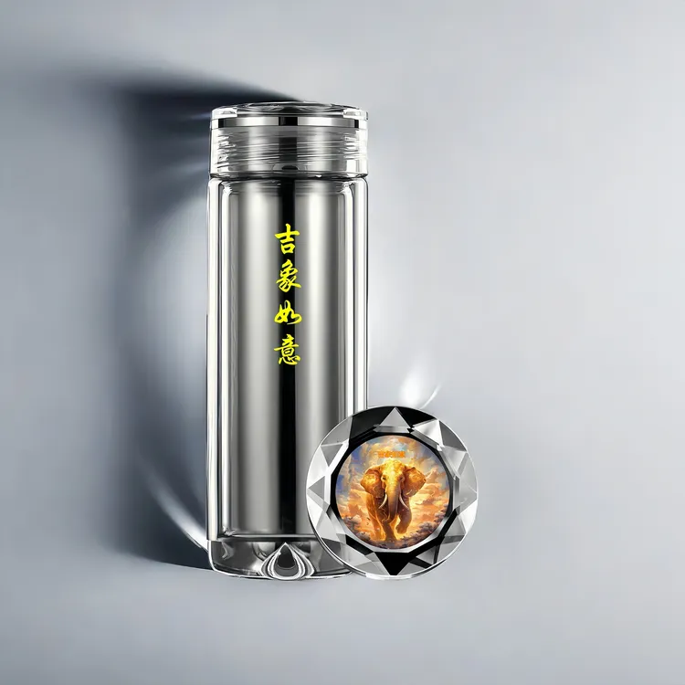 【吉象如意】双层隔热高硼硅玻璃杯带盖刻字家用便携高档透明杯子