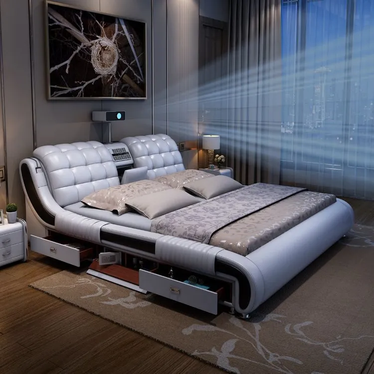 澳茗菲多功能投影仪按摩真皮床主卧双人皮艺床智能家用储物婚床