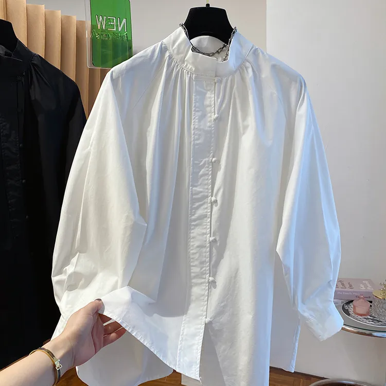 2024新款气质高级感白色立领盘扣衬衫女长袖宽松休闲新中式上衣春