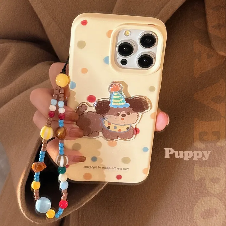 波点立体小狗适用苹果16手机壳14韩风iphone13挂链15promax软套12