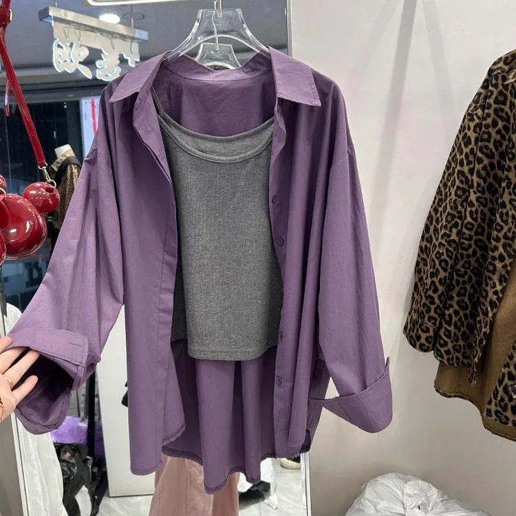 韩系紫色长袖衬衫+吊带背心两件套2025秋冬季慵懒风宽松洋气上衣
