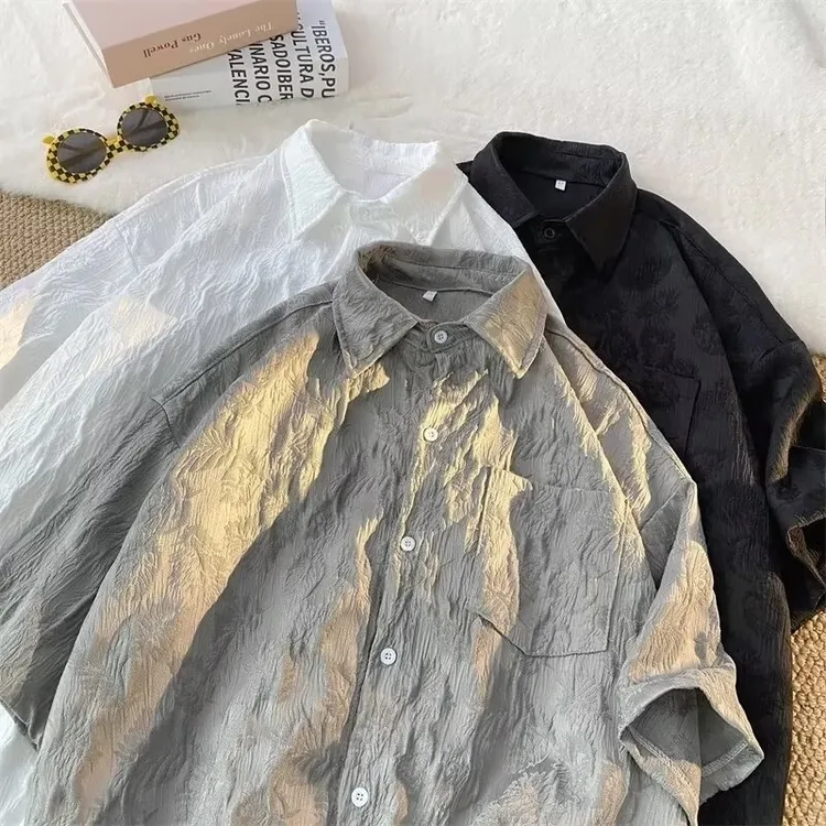薄款上衣衬衣男生港风宽松设计感短袖花衬衫夏季外套扎染韩版水洗