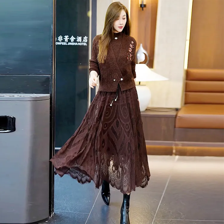 加厚毛衣马甲裙2024新款秋冬女装蕾丝套装裙两件套内搭针织连衣裙