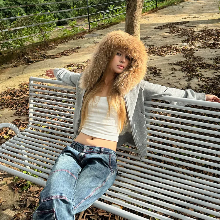 Audwyn毛领连帽开衫加绒卫衣女秋冬新款设计感慵懒风宽松短款外套