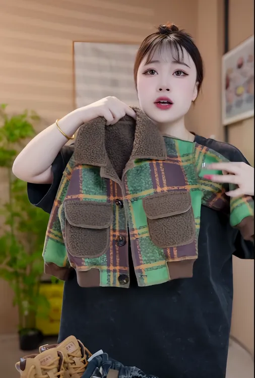 【小祥仔专属】儿童加绒外套秋冬新款绿格子翻毛夹克男童女童韩版