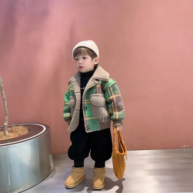 儿童加绒外套秋冬新款绿格子翻毛夹克男童女童韩版