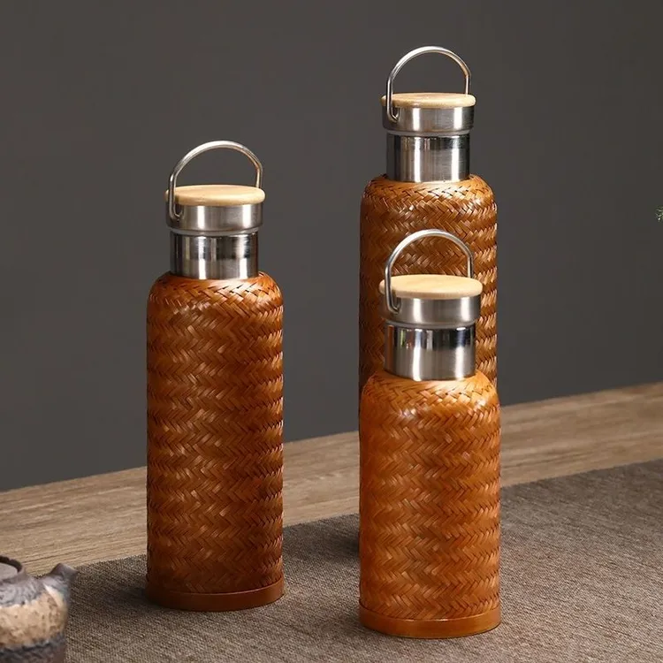 创意手工竹编藤编不锈钢密封便携大容量加厚手提女杯保温杯水杯