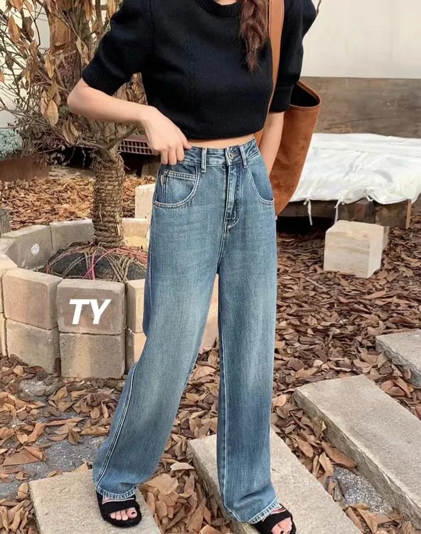 2024新款春款爆款蓝色高腰宽松阔腿牛仔裤“镇店之宝”