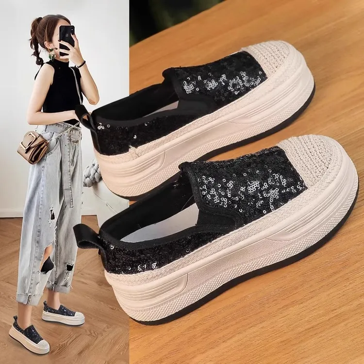 厚底渔夫鞋女2024春季新款一脚蹬时尚单鞋运动休闲增高帆布鞋爆款