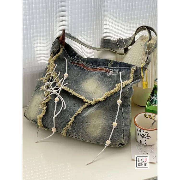 美式复古做旧废土风慵懒水洗牛仔潮酷千禧辣妹学生单肩斜挎托特包