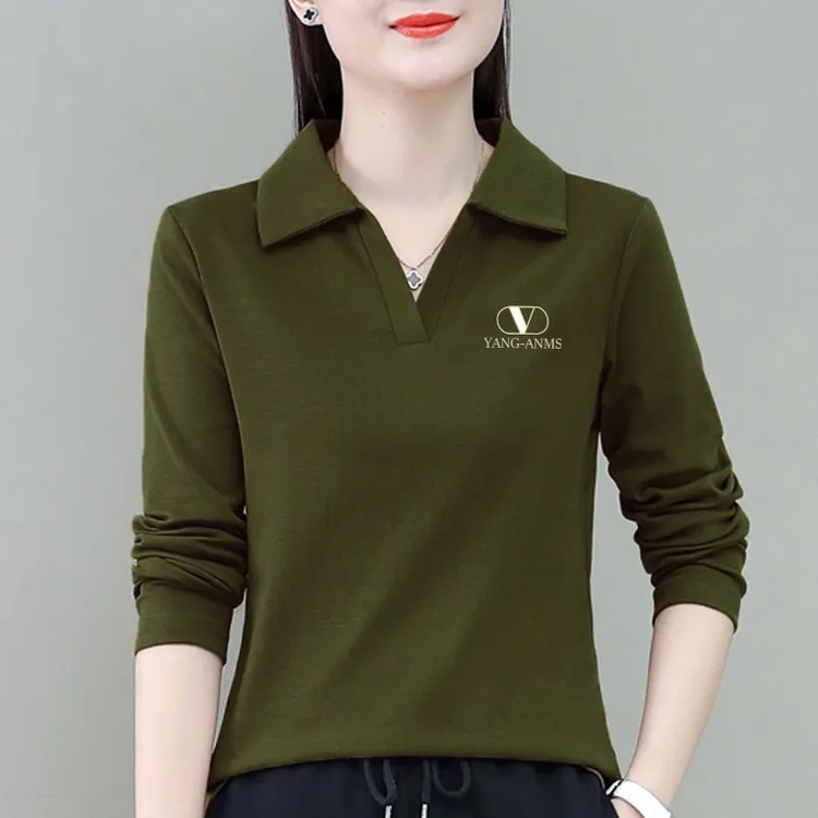 妈妈款韩版翻领洋气POLO衫春秋大码修身显瘦女士时尚百搭长袖T恤