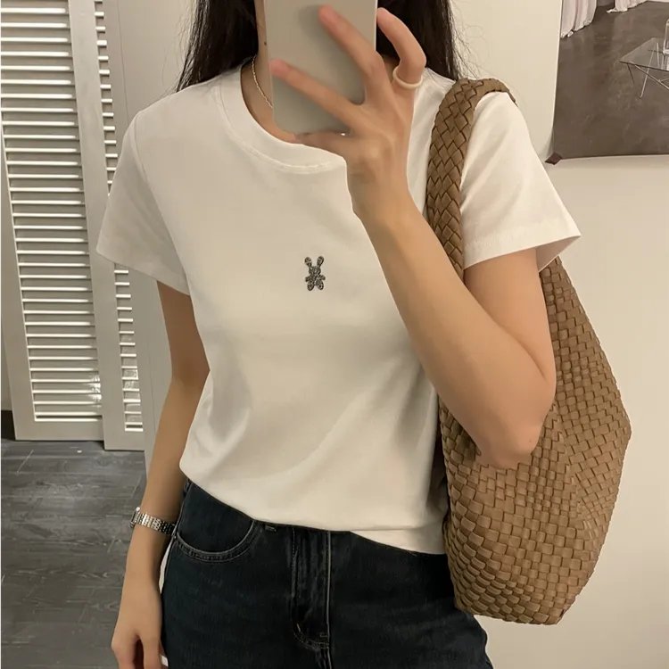 「可爱小兔子 烫钻工艺」赛罗棉正肩T恤 春秋韩版简约百搭短袖Z507