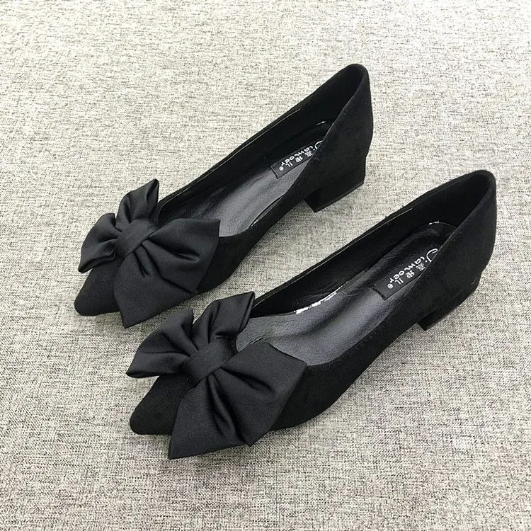 粗跟瓢鞋女单鞋2025新款春夏蝴蝶结尖头软底舒适浅口黑色工作鞋子