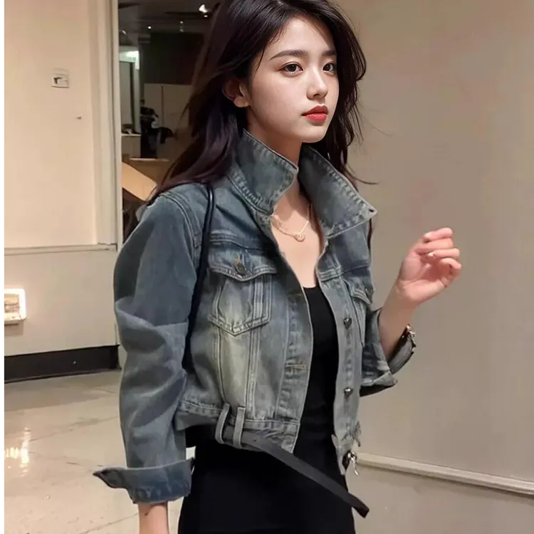 港风复古做旧水洗牛仔外套女秋季时尚个性别致短款百搭夹克上衣潮
