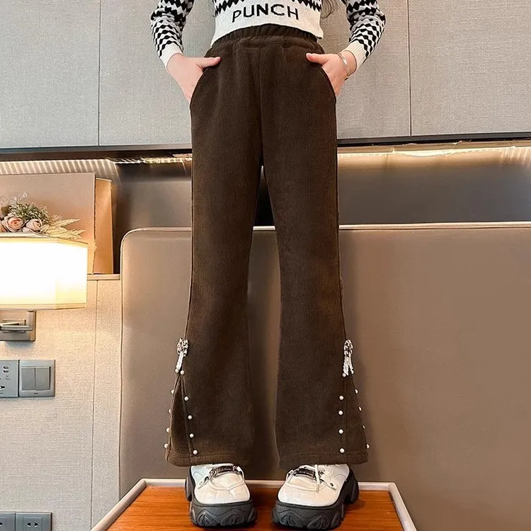 女童加绒裤子秋冬装2024新款儿童女孩冬季微喇叭裤大童加厚一体绒