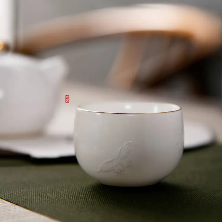 成艺隐雕渡杯茶具陶瓷主人杯汝窑品茗杯白瓷礼盒装罗汉杯伴手礼