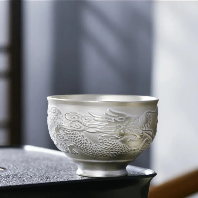 鎏银龙纹大号陶瓷喝茶杯家用莲花主人杯大容量银茶杯高档手工茶具