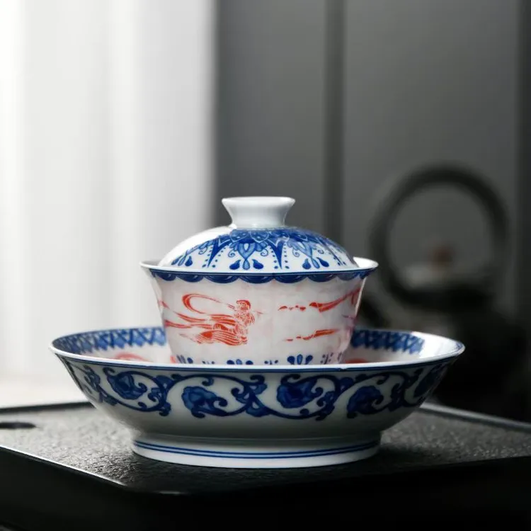 成艺飞天陶瓷小盖碗青花茶盖碗三才盖碗古典茶具礼盒礼袋送礼佳品
