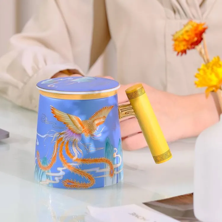 成艺凤朝阳马克杯家用创意陶瓷彩色带盖多功能泡茶杯高档伴手礼